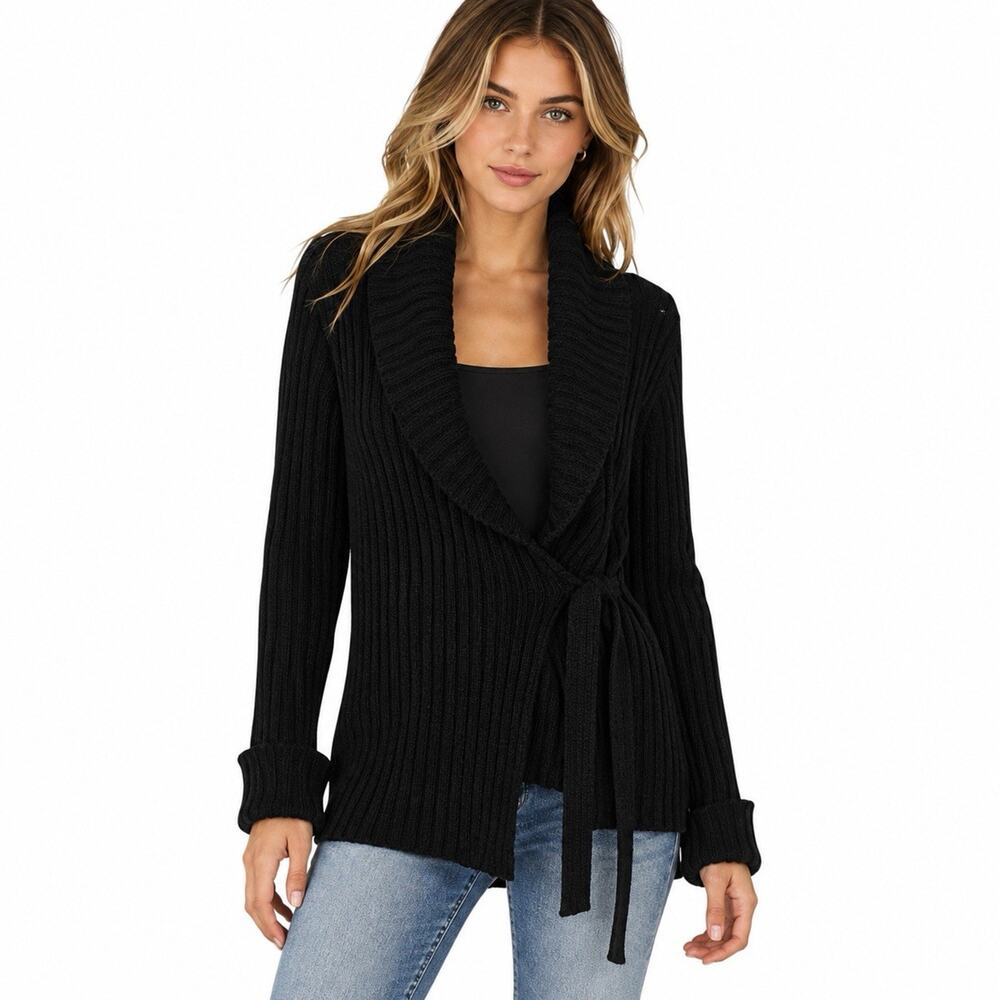 Heartloom Womens Black Mohair Blend Shawl Collar Wrap Cardigan Cozy Sweater Sz S